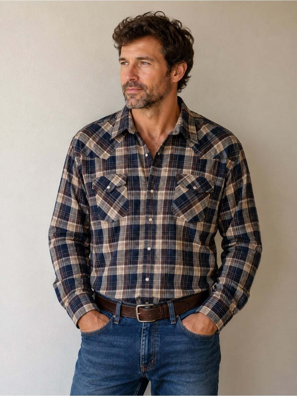 Ely Cattleman Plaid Western‎ Pearl Snap Shirt Mens XXLT Tall Man Brown Navy Blue